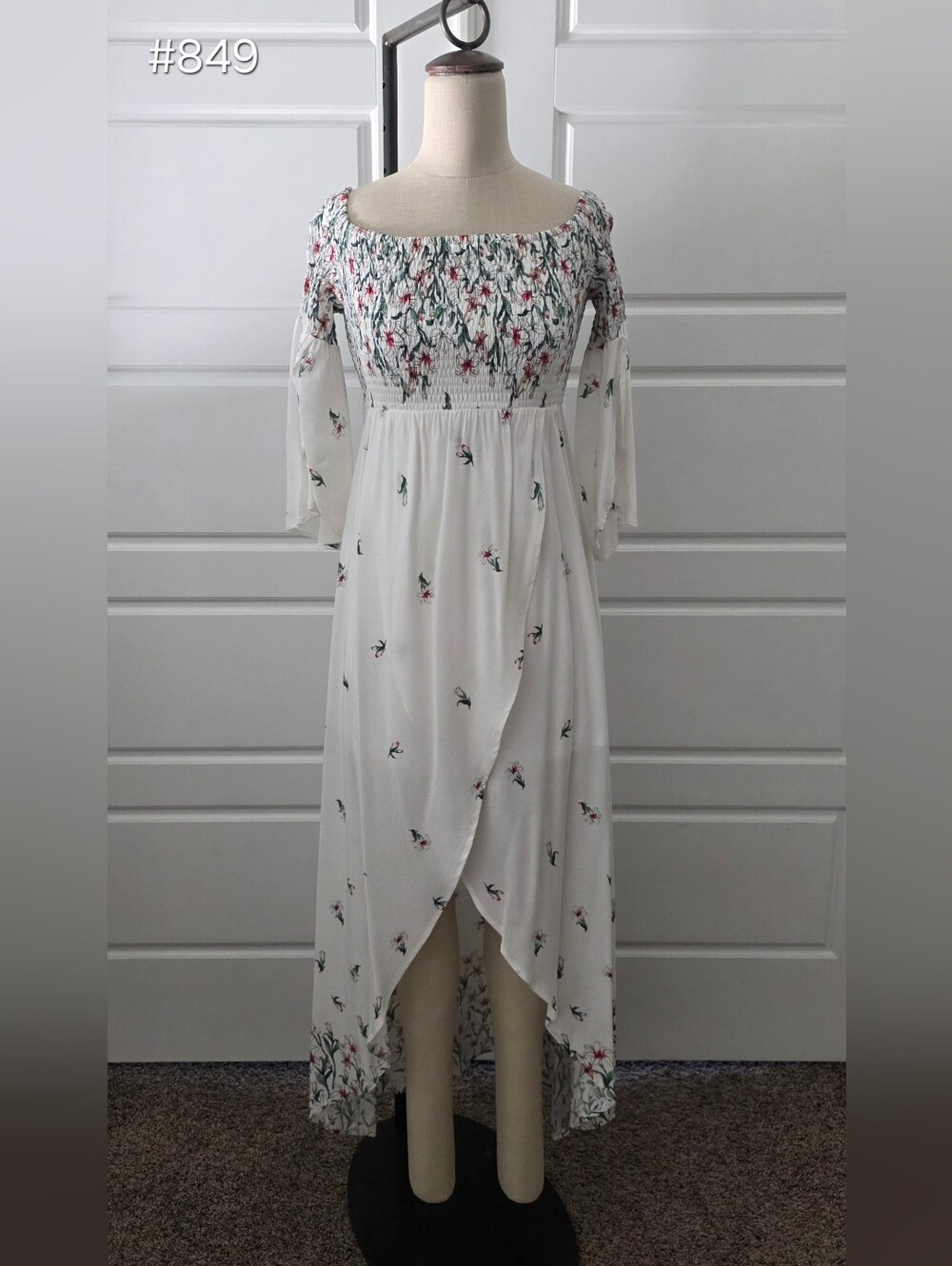 White Floral Smocked On Or Off-the-Shoulder High-Low Dress with Sleeves
